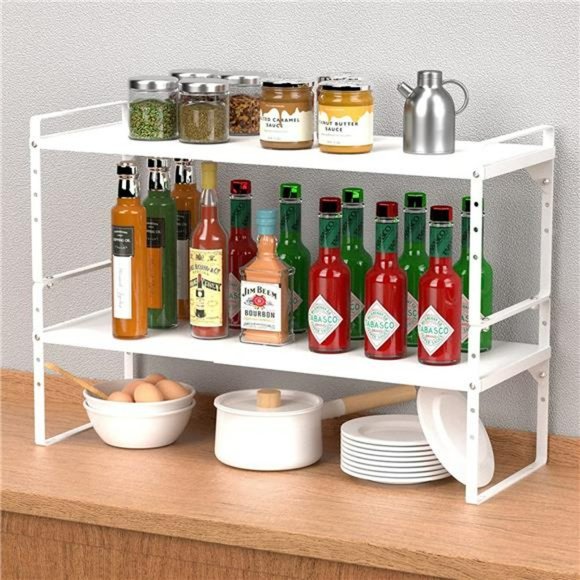 Expandable Cabinet Shelf Organizers, Stackable Kitchen Counter Shelves, White - Picture 1 of 6